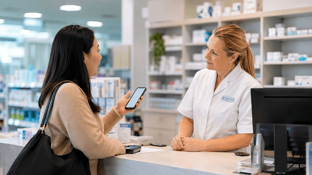 A customer showing an eScript token on their phone to a pharmacist at the counter