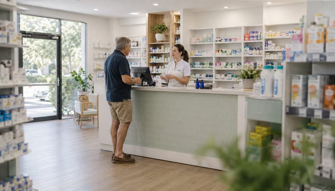 A customer at the counter of a brightly lit pharmacy storefront in the evening