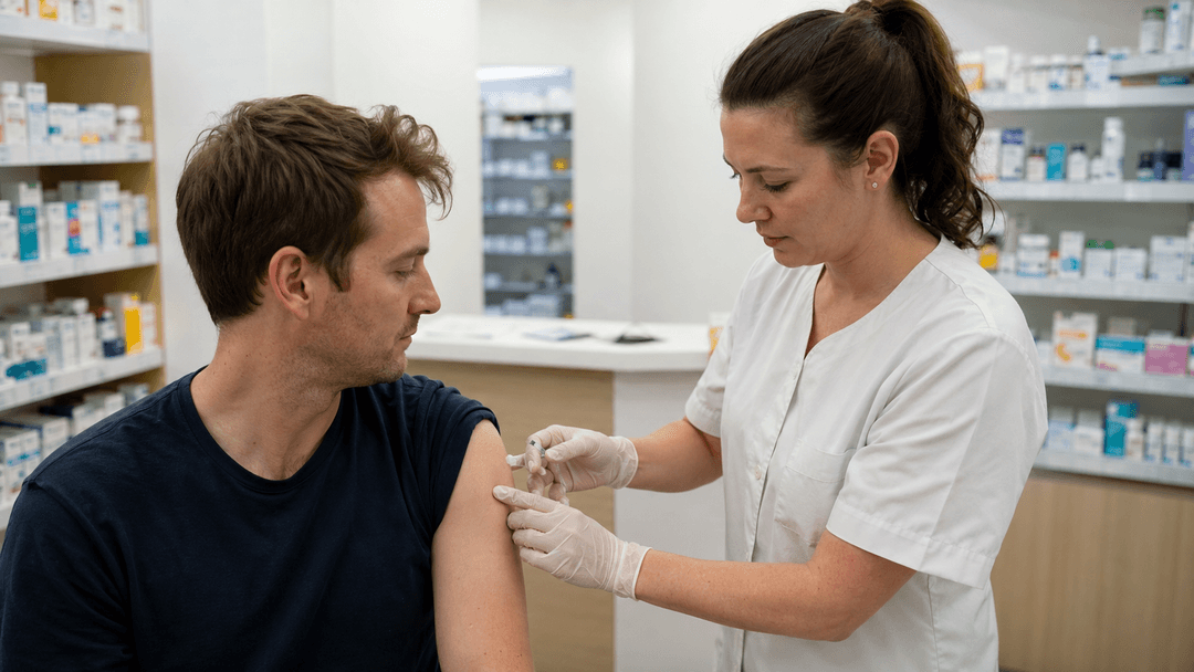 A pharmacist administering a vaccination to a patient at an Australian pharmacy