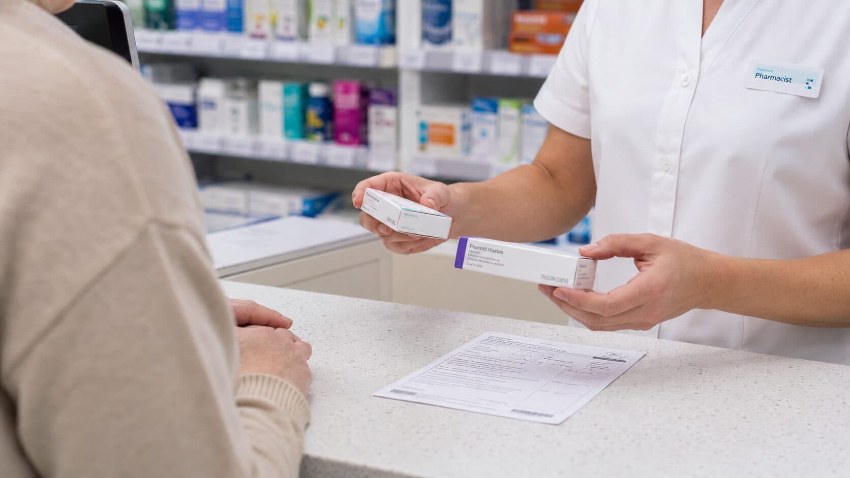 A pharmacist holding two similar medicine boxes across the counter to a customer, with a prescription form resting on the bench, in an Australian pharmacy.