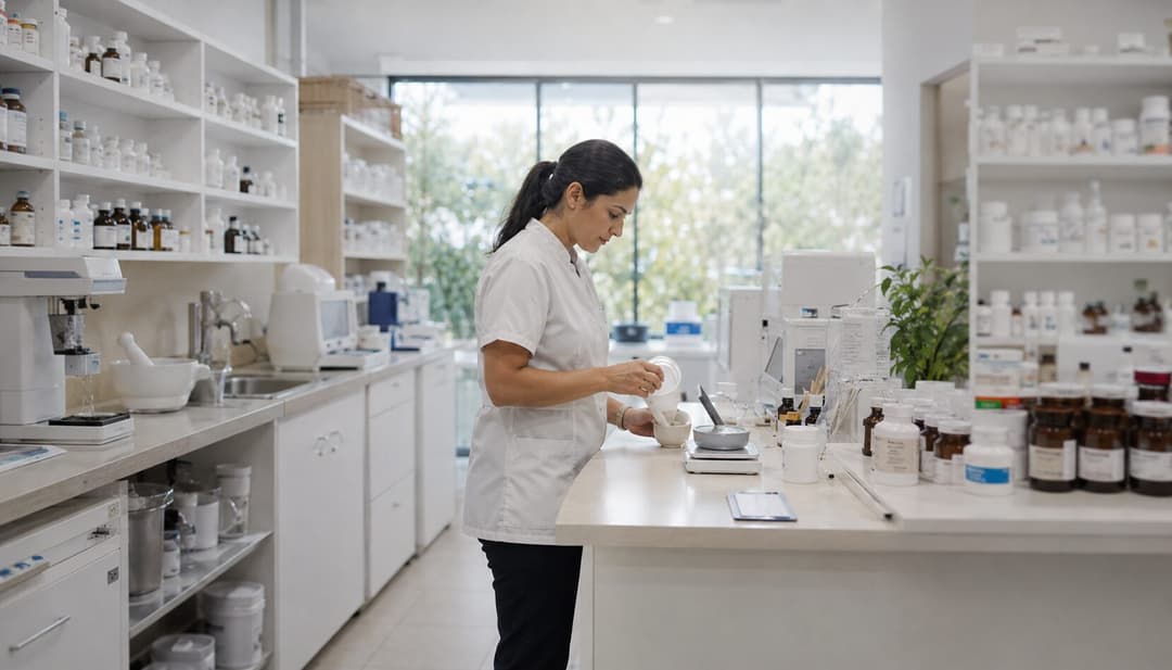 A pharmacist weighing ingredients at a compounding bench in an Australian pharmacy