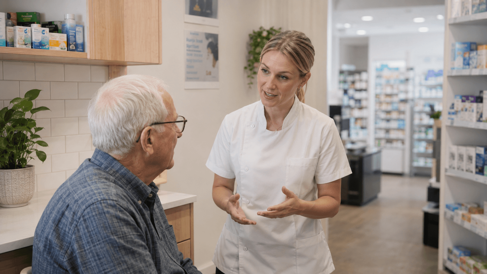 A pharmacist seated with an older male patient in a consultation area of an Australian community pharmacy, explaining a treatment plan.
