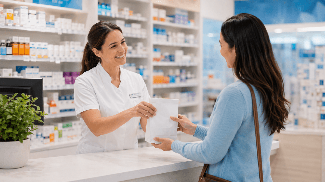 Pharmacist accepting a paper prescription from a customer at the counter