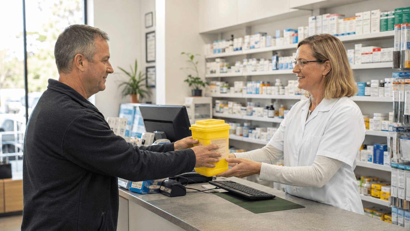 A pharmacist handing a sharps disposal container to a male customer at the counter of an Australian community pharmacy.