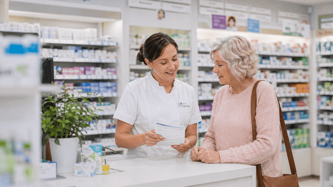 Pharmacist reviewing an older woman's medicines at a pharmacy counter