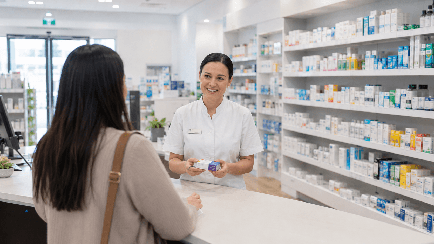 A pharmacist serving a customer at the counter in a community pharmacy