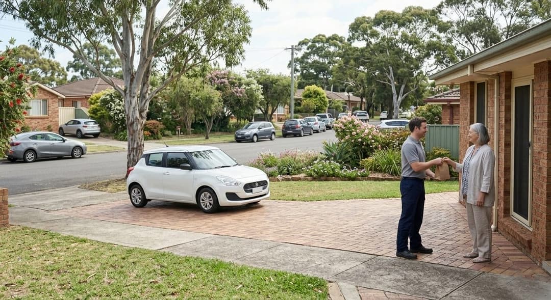 A courier handing a pharmacy delivery parcel to an older woman at her front door