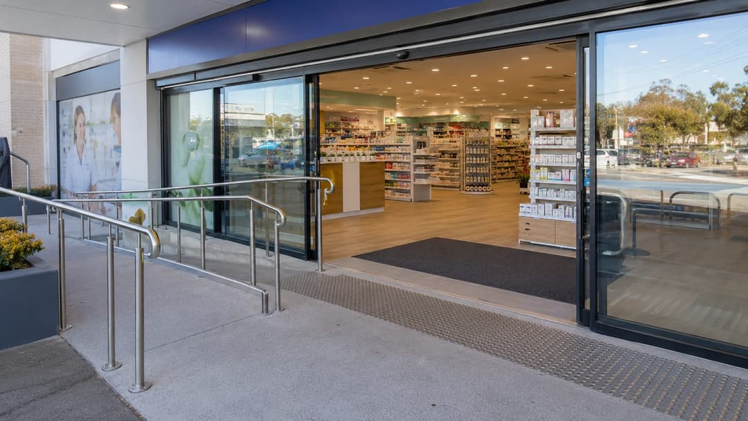 The lit entrance of a pharmacy at night