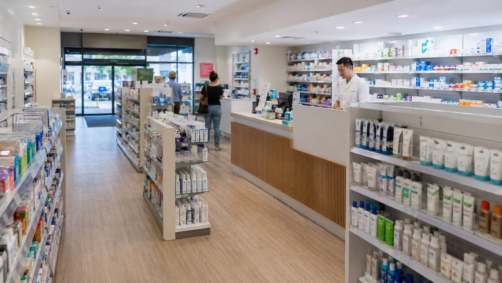 The storefront and interior aisles of an Australian community pharmacy.