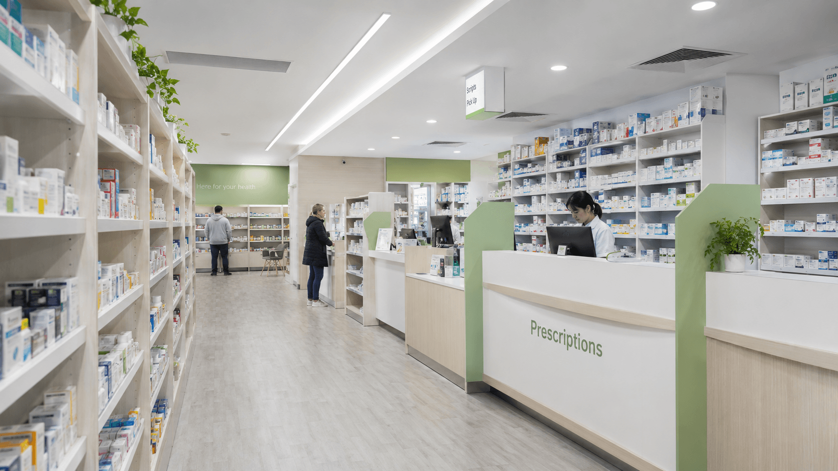 The interior of a modern Australian community pharmacy with a prescriptions desk and green accent decor.