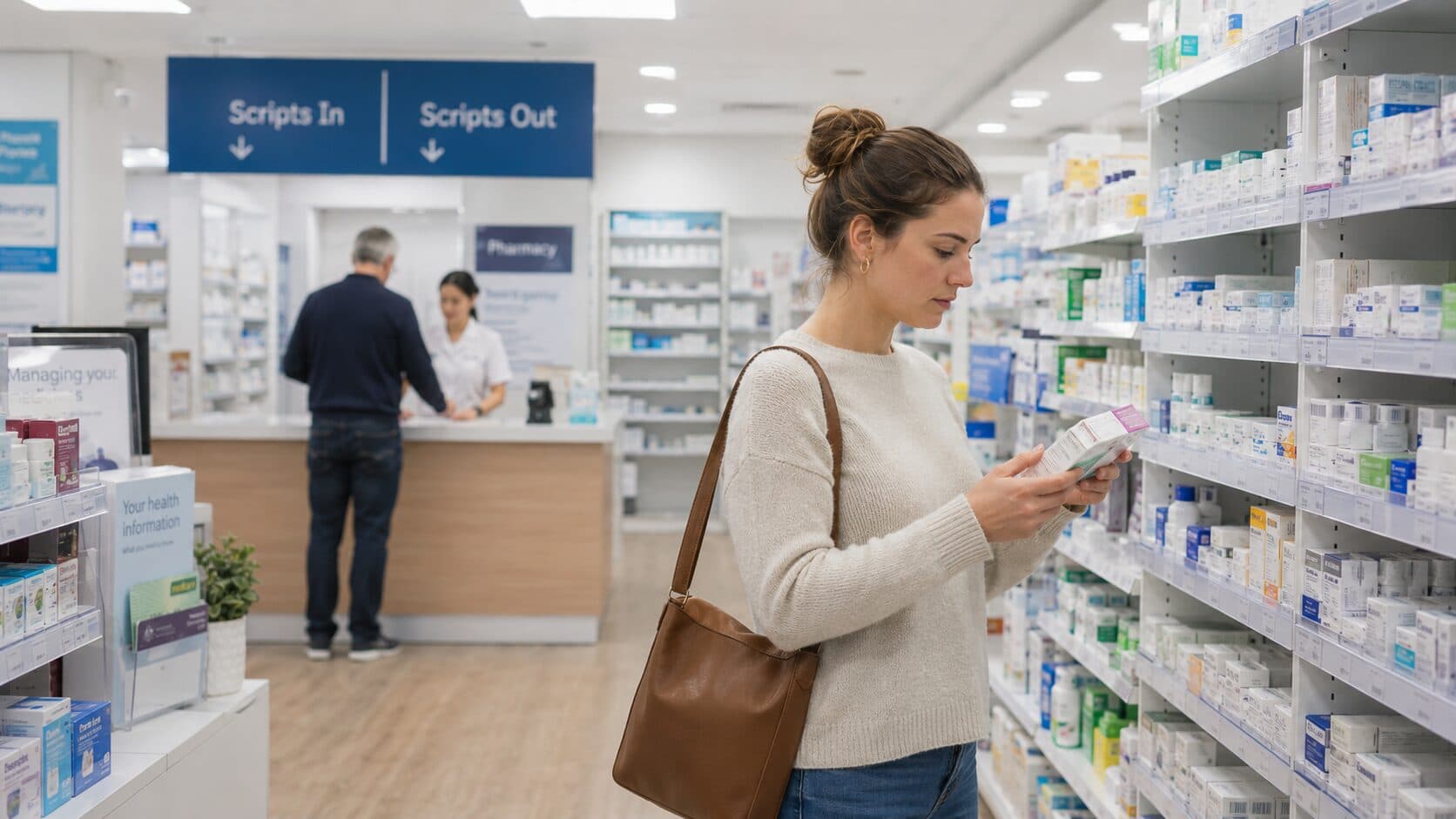 A customer browsing the aisle of an Australian community pharmacy, with the prescriptions counter behind them.