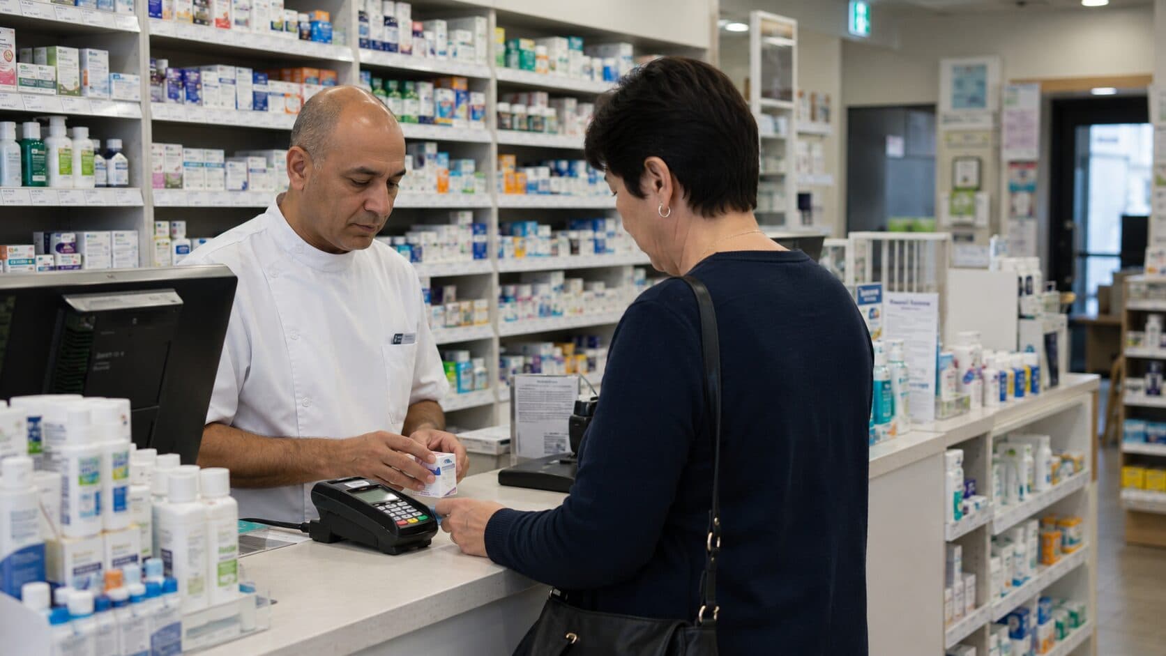 A customer paying for a prescription at the eftpos terminal at the counter of an Australian community pharmacy.