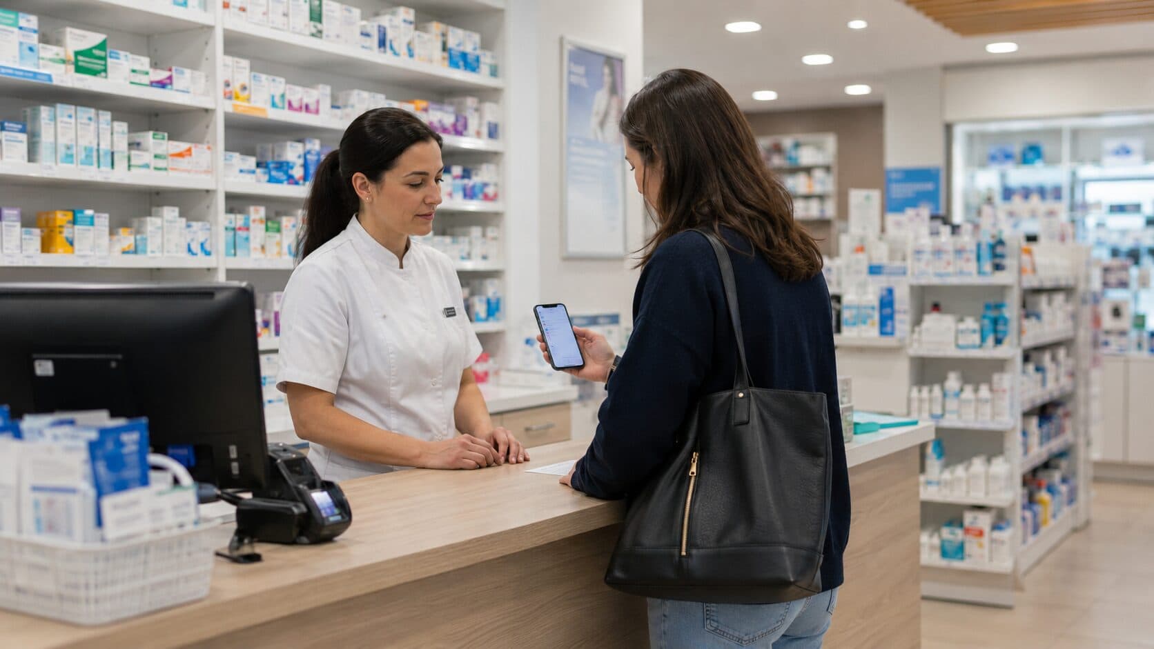 A customer showing an electronic prescription on their phone to a pharmacist at the counter of an Australian pharmacy.