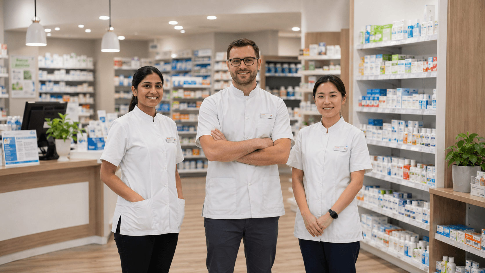Three pharmacy staff working together behind the dispensary counter