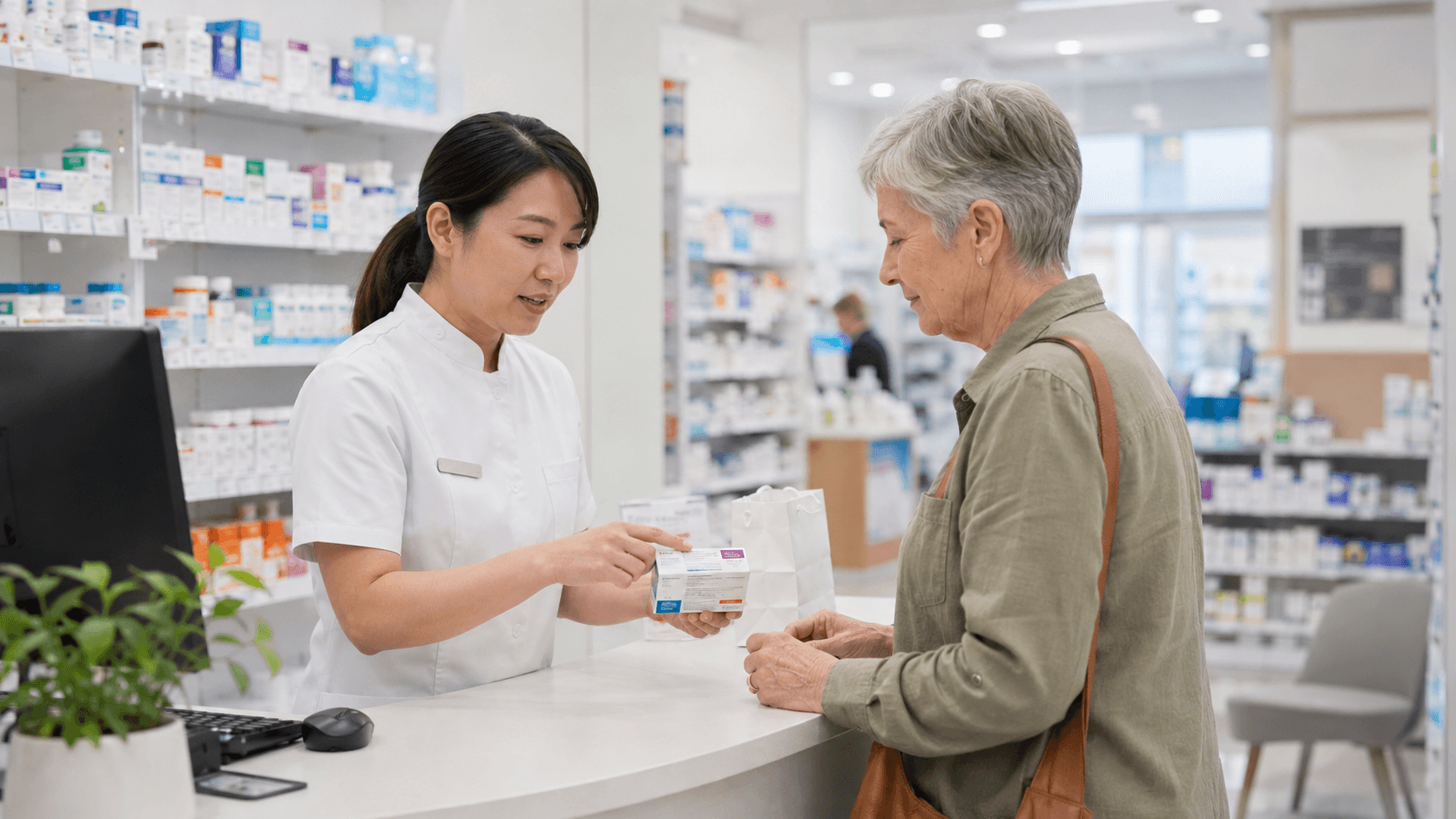 A pharmacist handing medication to an older woman at the dispensary