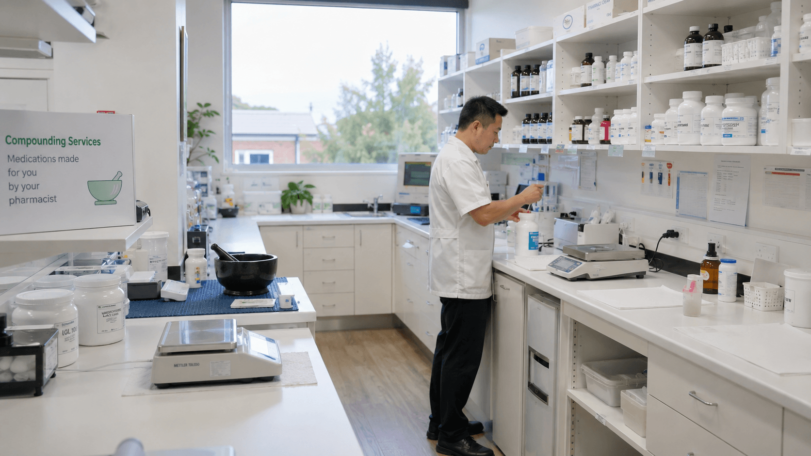 A male pharmacist in a compounding laboratory checking ingredients on shelving with a mortar, scales and compounding equipment visible.