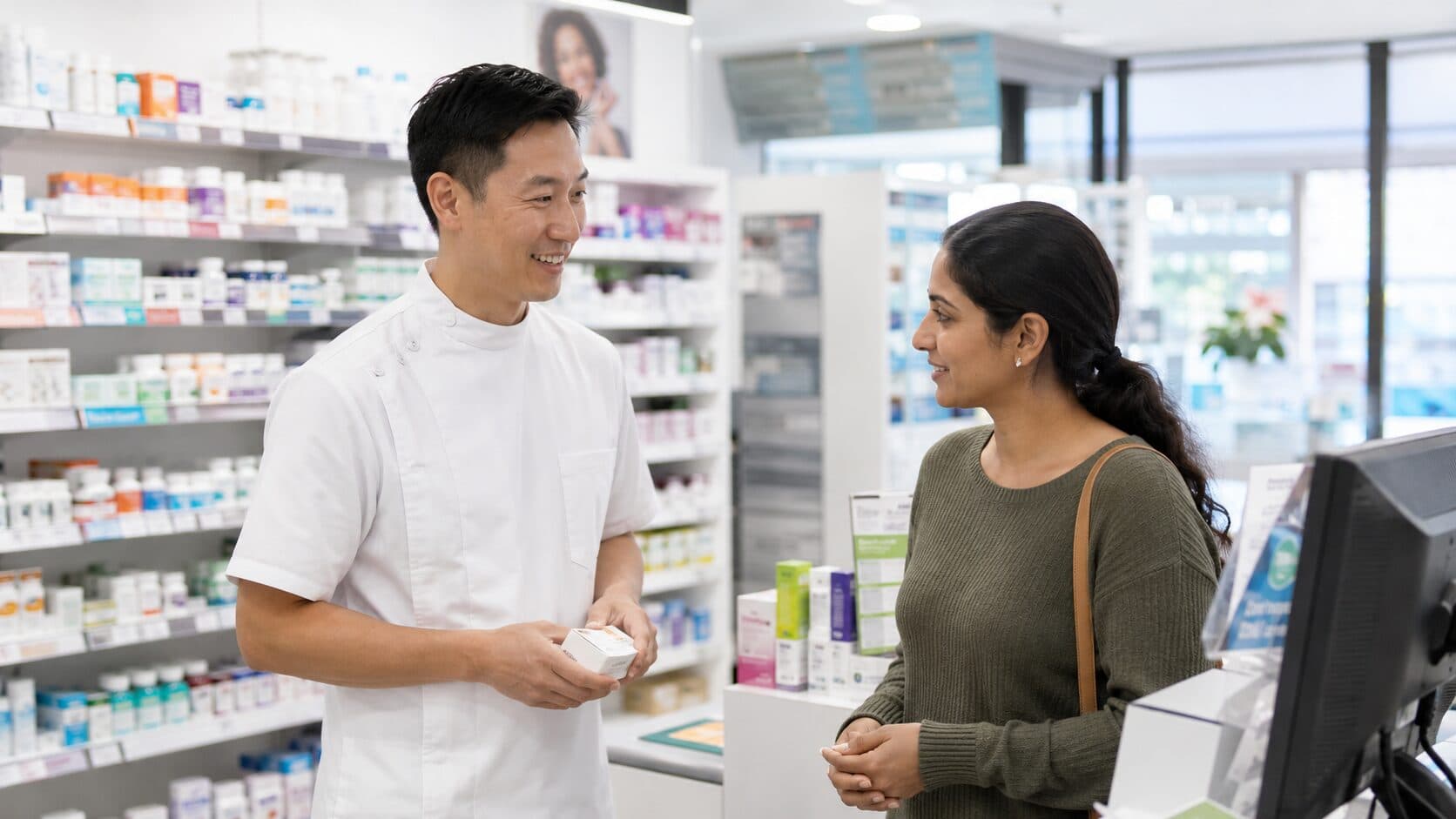 A pharmacist advising a customer at the counter of an Australian community pharmacy.