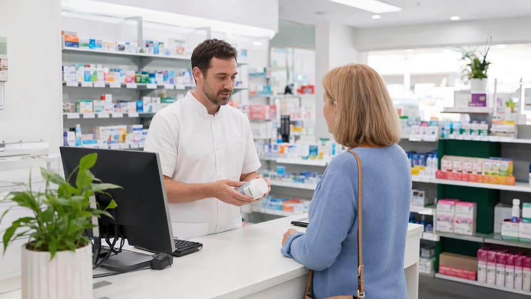 A pharmacist advising a customer over the medicine counter