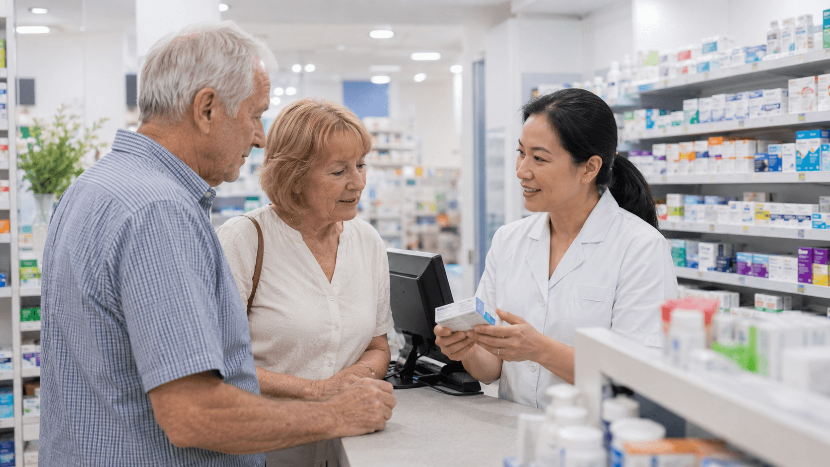 A pharmacist explaining medication to an elderly couple at the counter of an Australian community pharmacy.