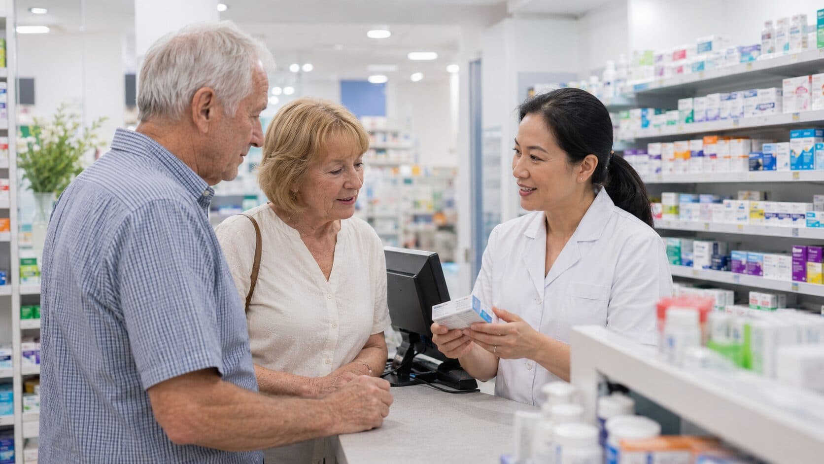 A pharmacist advising an older couple about their medicine at the counter