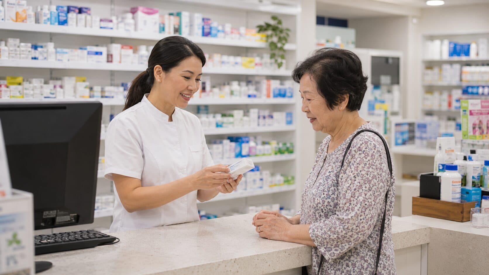 A pharmacist explaining a medicine box to an older woman at the counter of an Australian community pharmacy.