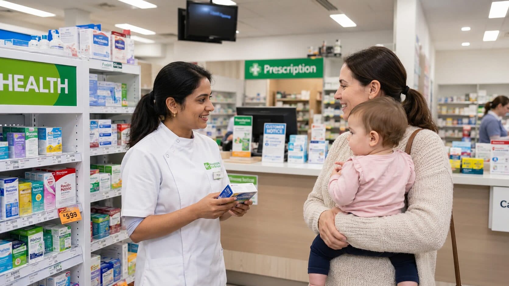 A pharmacist advising a parent holding a baby at the counter of an Australian community pharmacy.