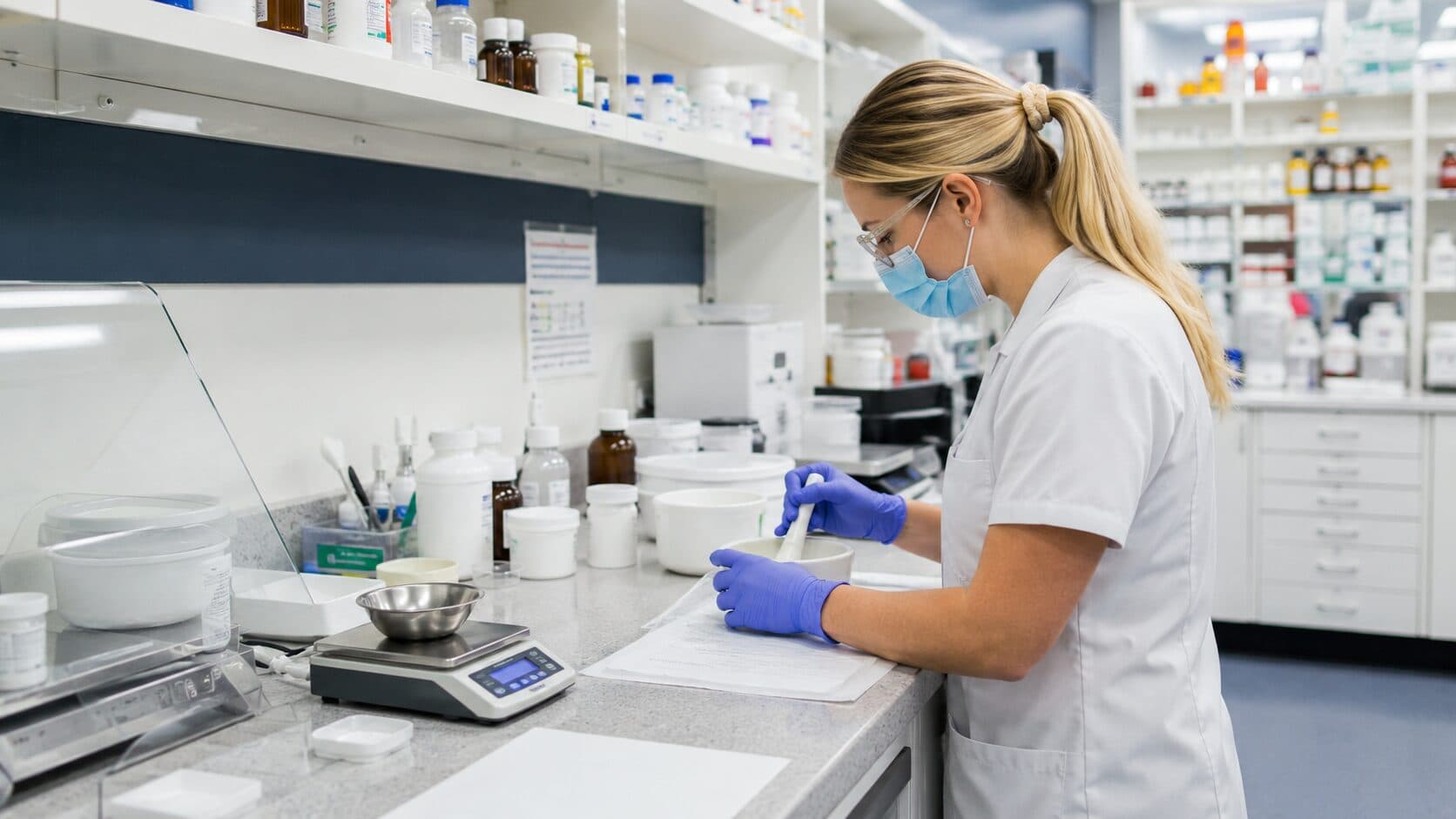 A pharmacist in a mask and gloves preparing a compounded medicine at a laboratory bench in an Australian pharmacy.