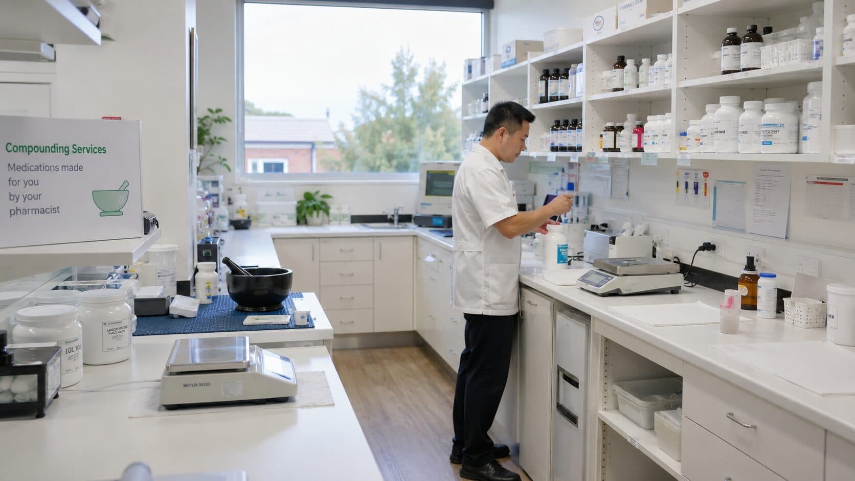 A pharmacist preparing a custom medicine at a compounding bench in an Australian pharmacy, with a mortar and pestle, scales and a compounding services sign.