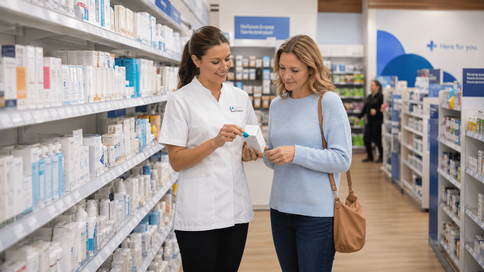 A pharmacist and customer reviewing a medicine box together in the aisle of an Australian community pharmacy.