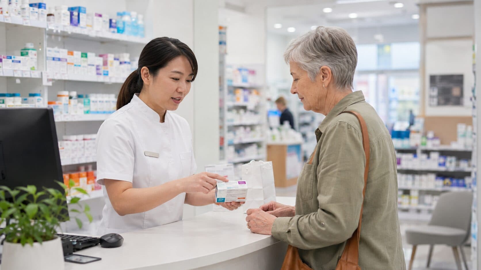 A pharmacist dispensing a medicine to an older woman at the counter of an Australian community pharmacy.
