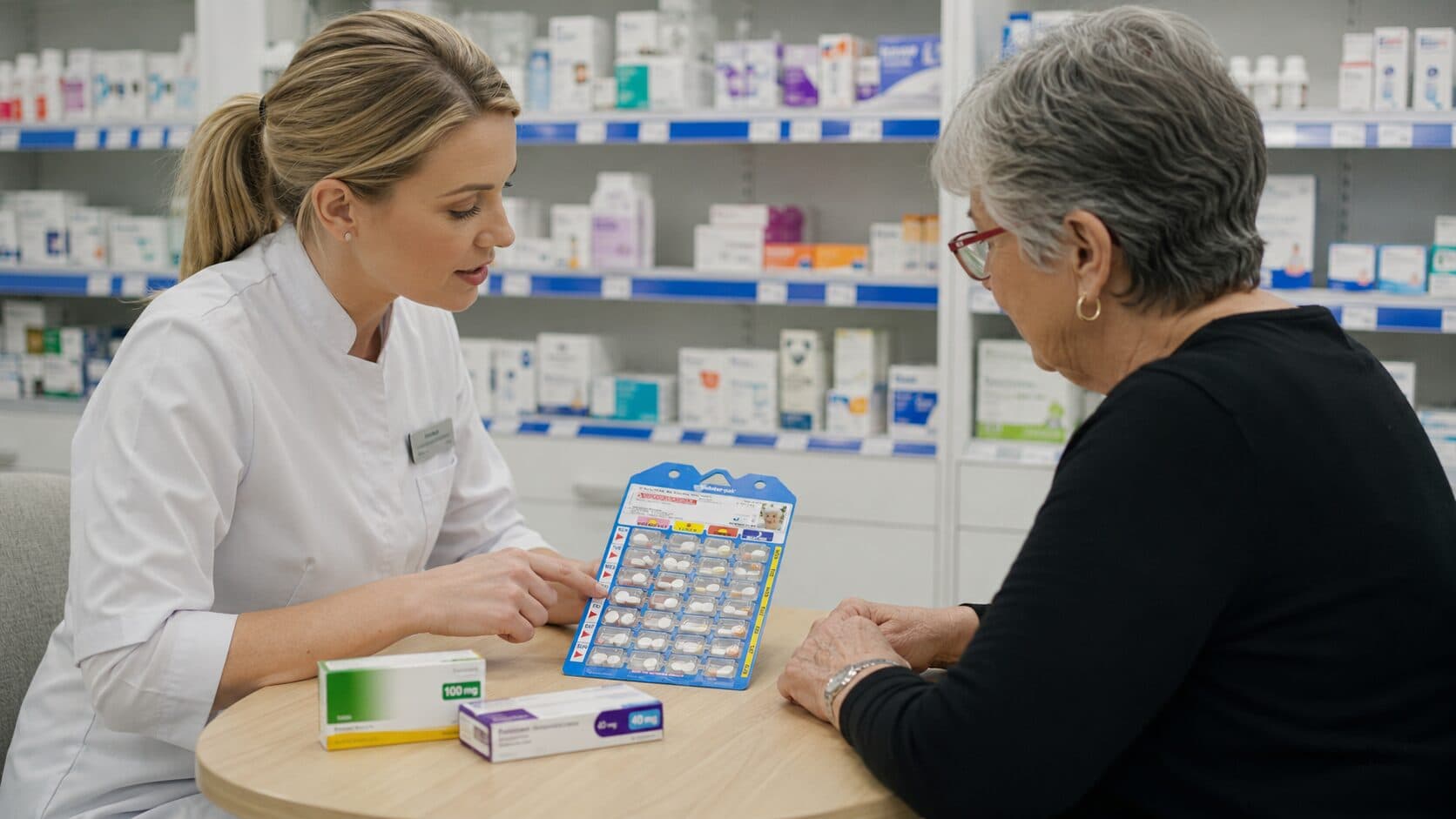 A pharmacist explaining a weekly blister dose administration aid to an older woman at a consultation table in an Australian pharmacy.