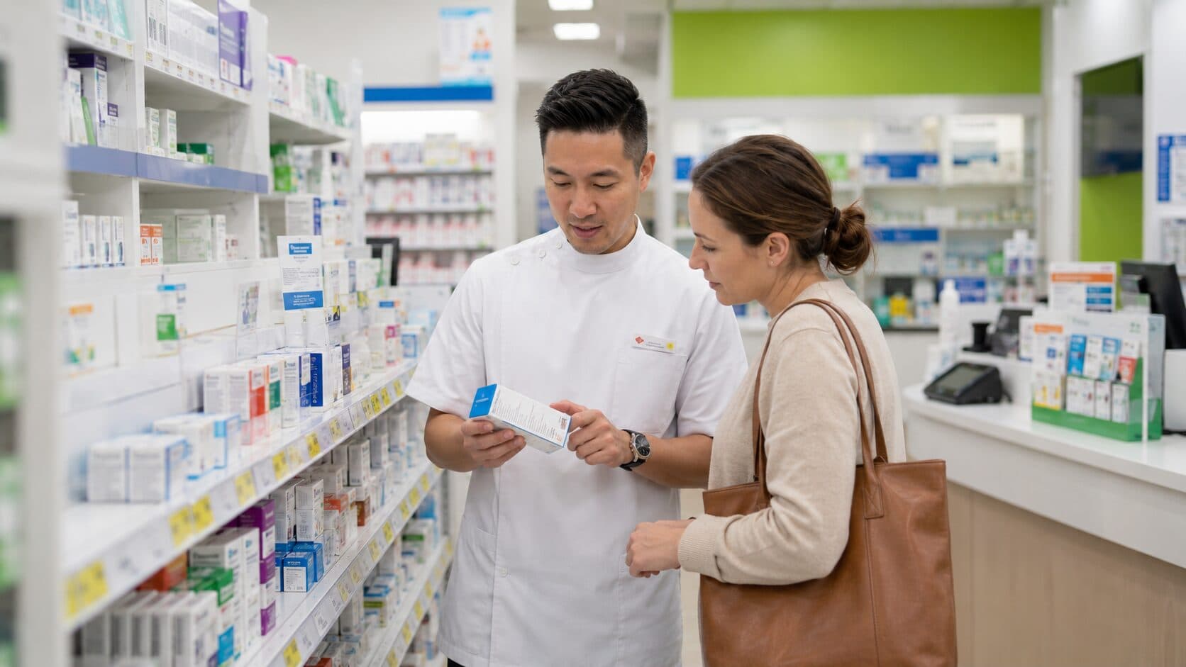 A pharmacist helping a customer choose a medicine in the aisle of an Australian community pharmacy.