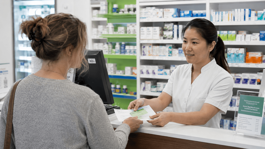 Pharmacist handing a Safety Net card to a customer at the counter