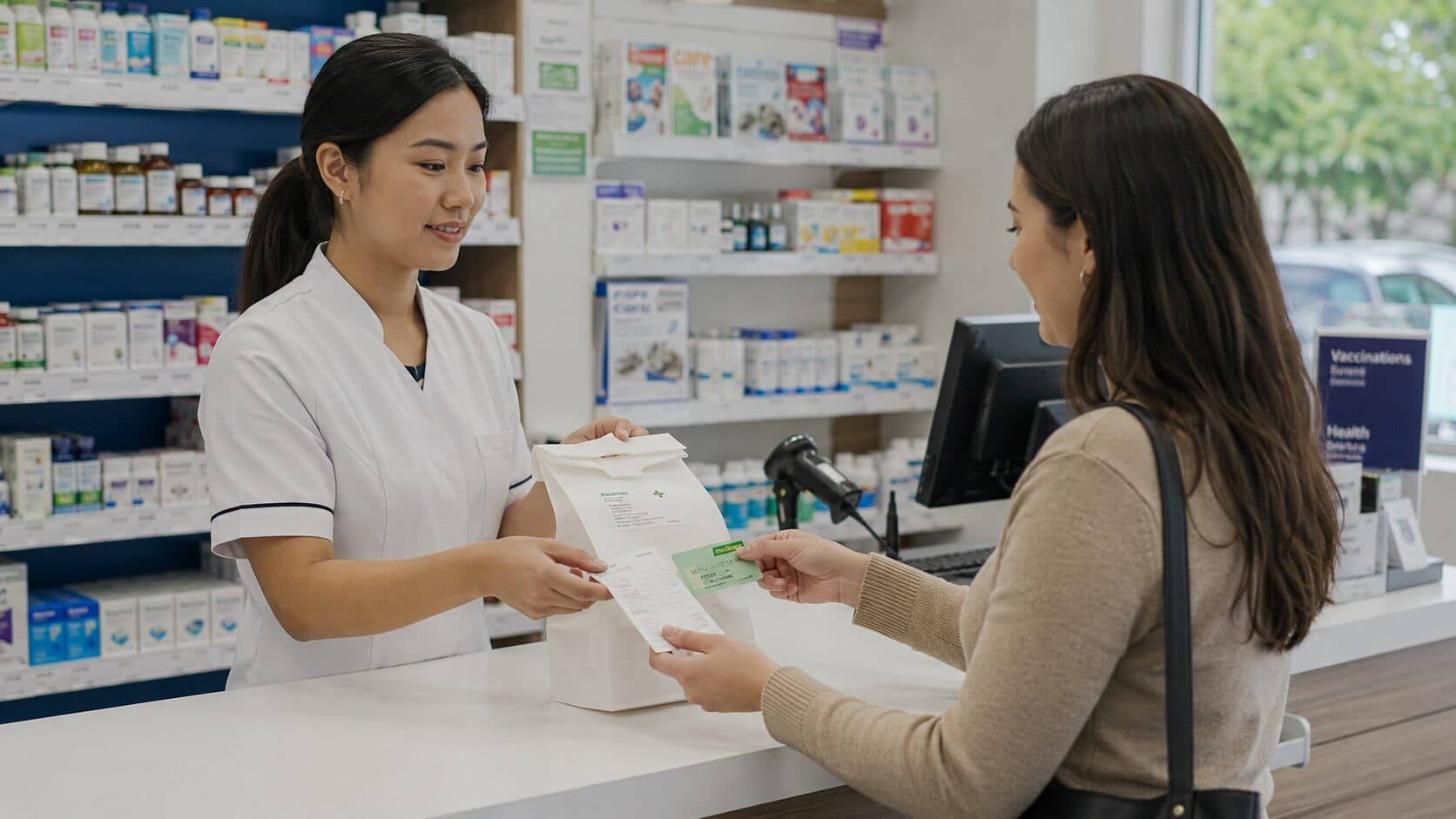 A pharmacist passing a paper medicine bag and receipt to a customer across the counter of an Australian community pharmacy.