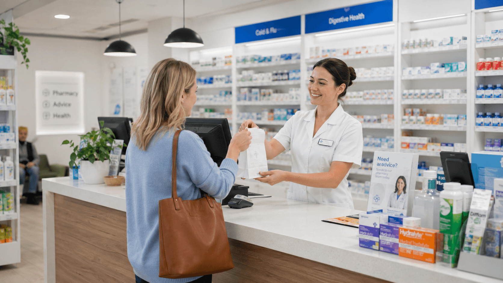A pharmacist handing a prescription medicine bag to a female customer at the dispensary counter of an Australian pharmacy.