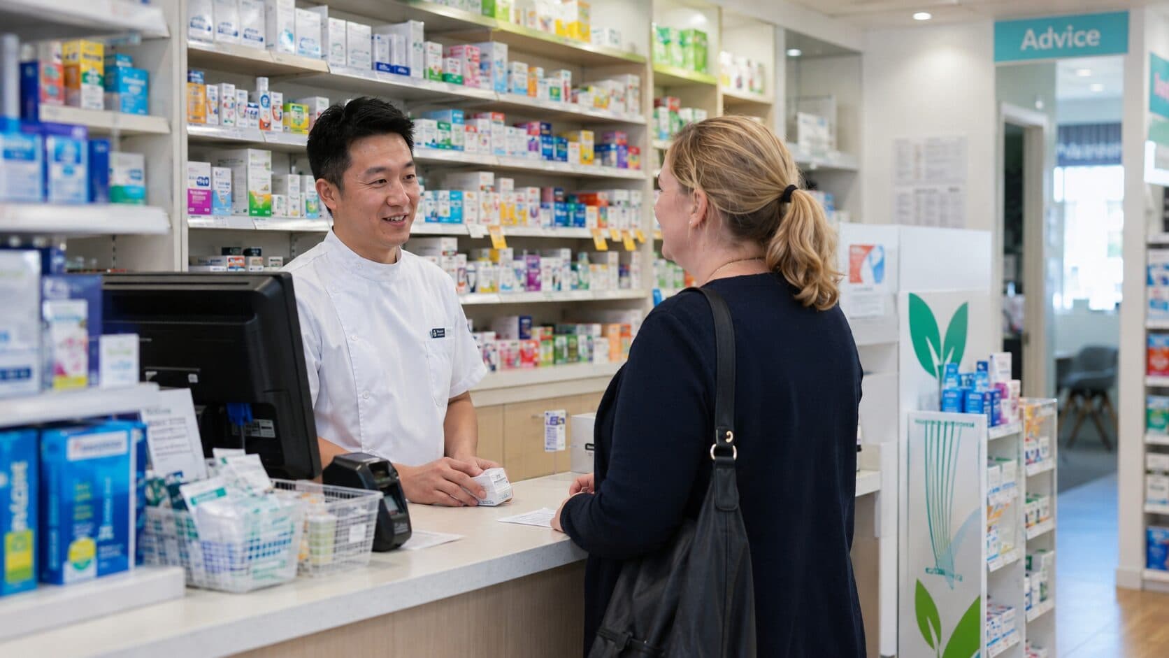 A pharmacist serving a customer at the advice counter of an Australian community pharmacy.