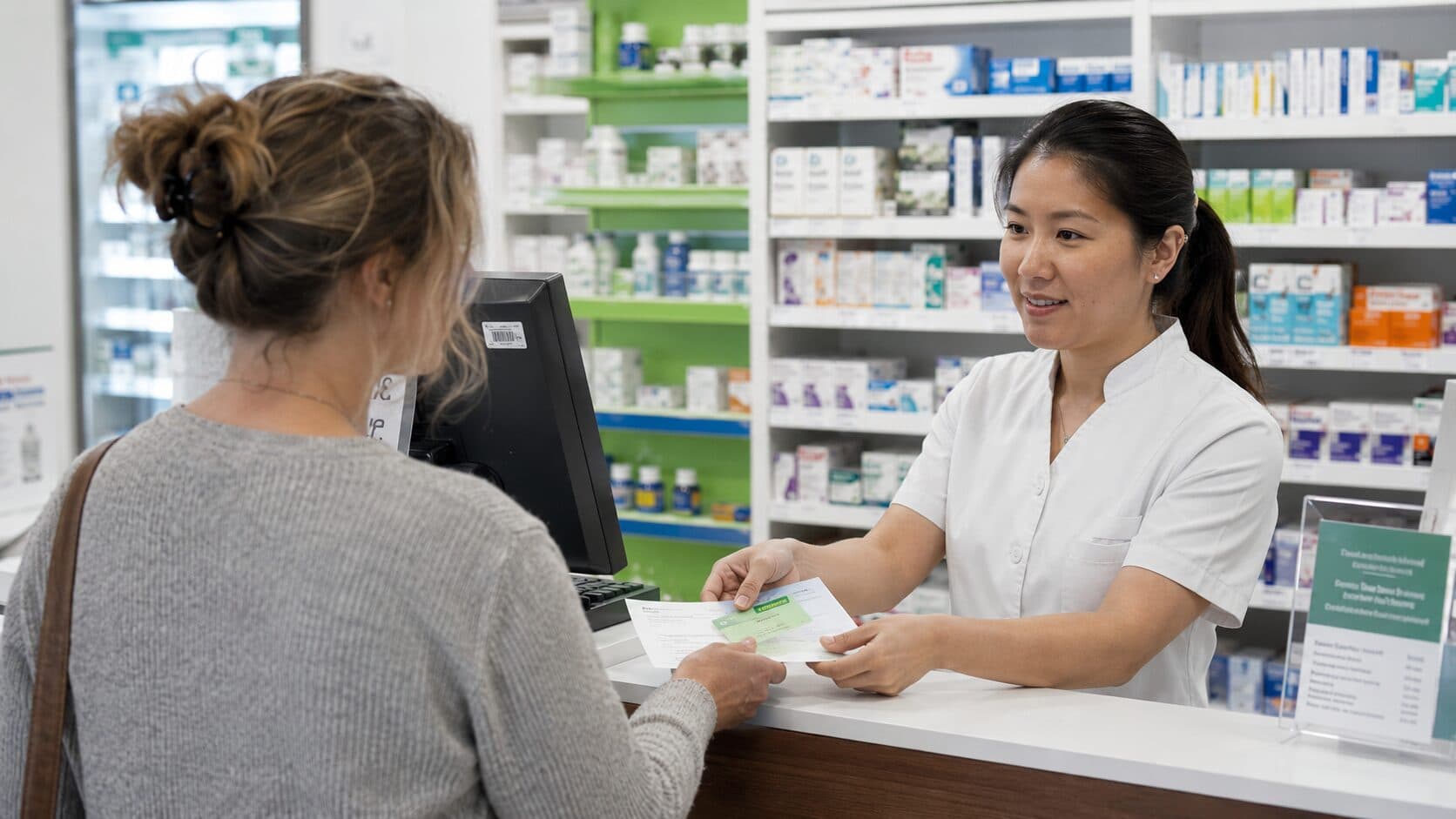 A pharmacist handing a customer their medicine and paperwork across the counter of an Australian community pharmacy.