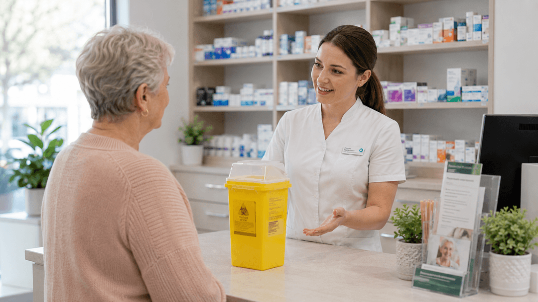 A pharmacist handing a sealed sharps container to an elderly woman at the pharmacy counter