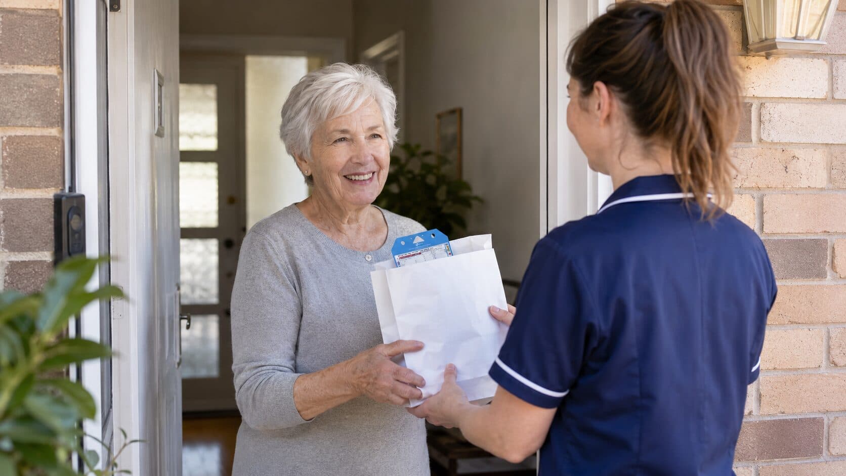 A delivery worker handing a paper medicines bag to an older woman at the front door of her home in Australia.