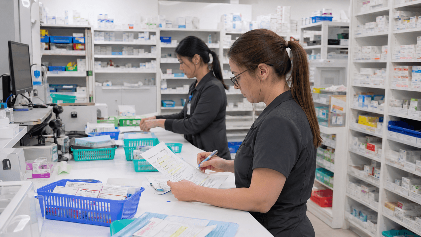 Two pharmacy technicians processing prescriptions at a dispensary bench in an Australian pharmacy.