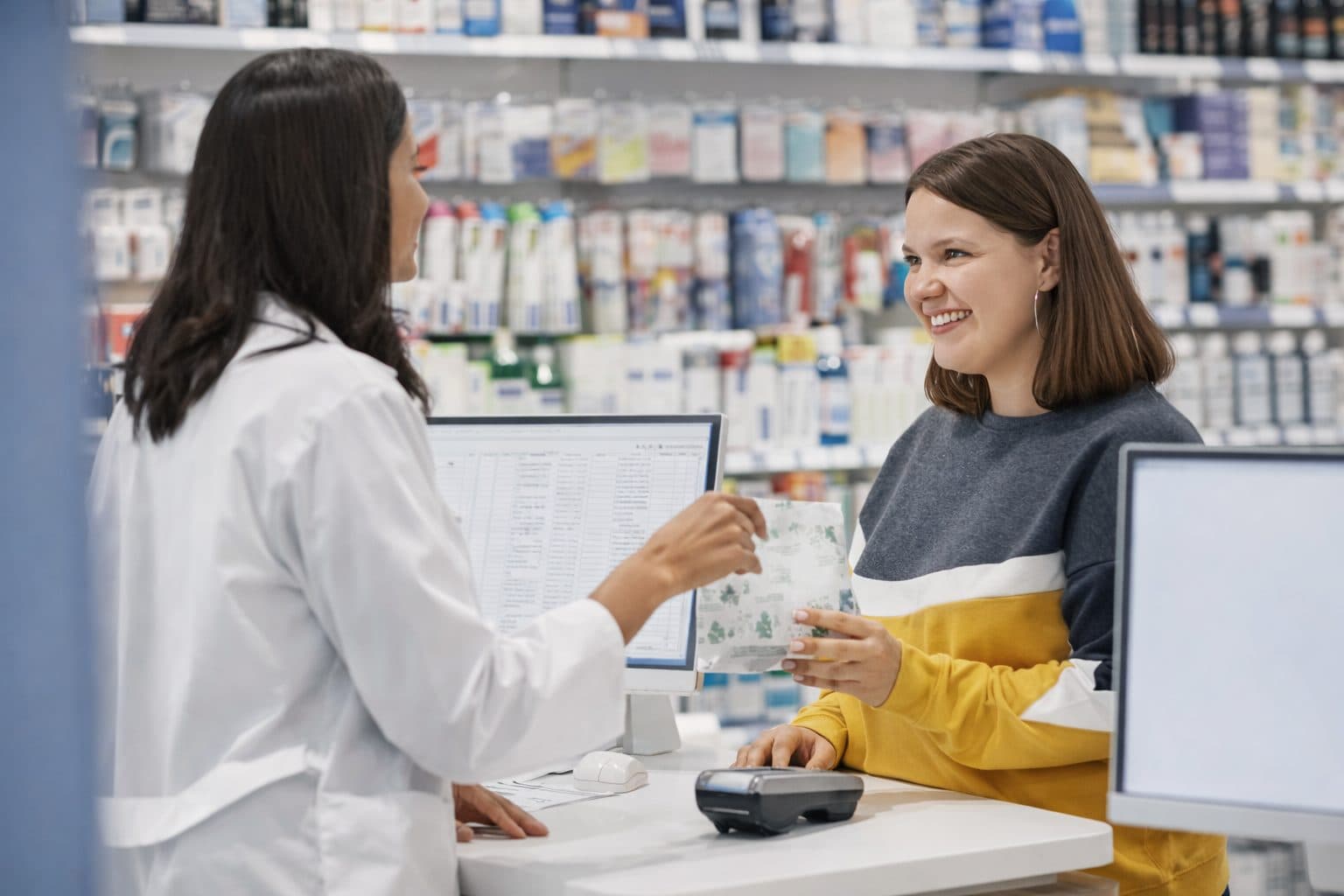 A young woman collecting a prescription at the counter of an Australian community pharmacy.