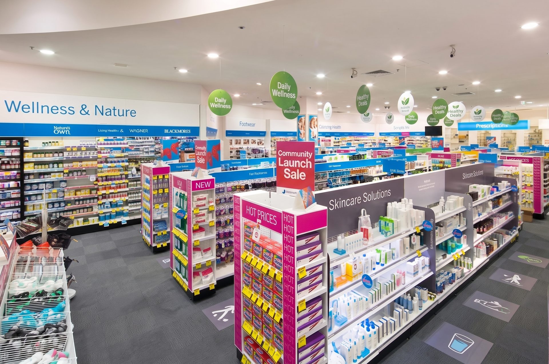 Interior of an Australian community pharmacy showing wellness, skincare and prescription sections.