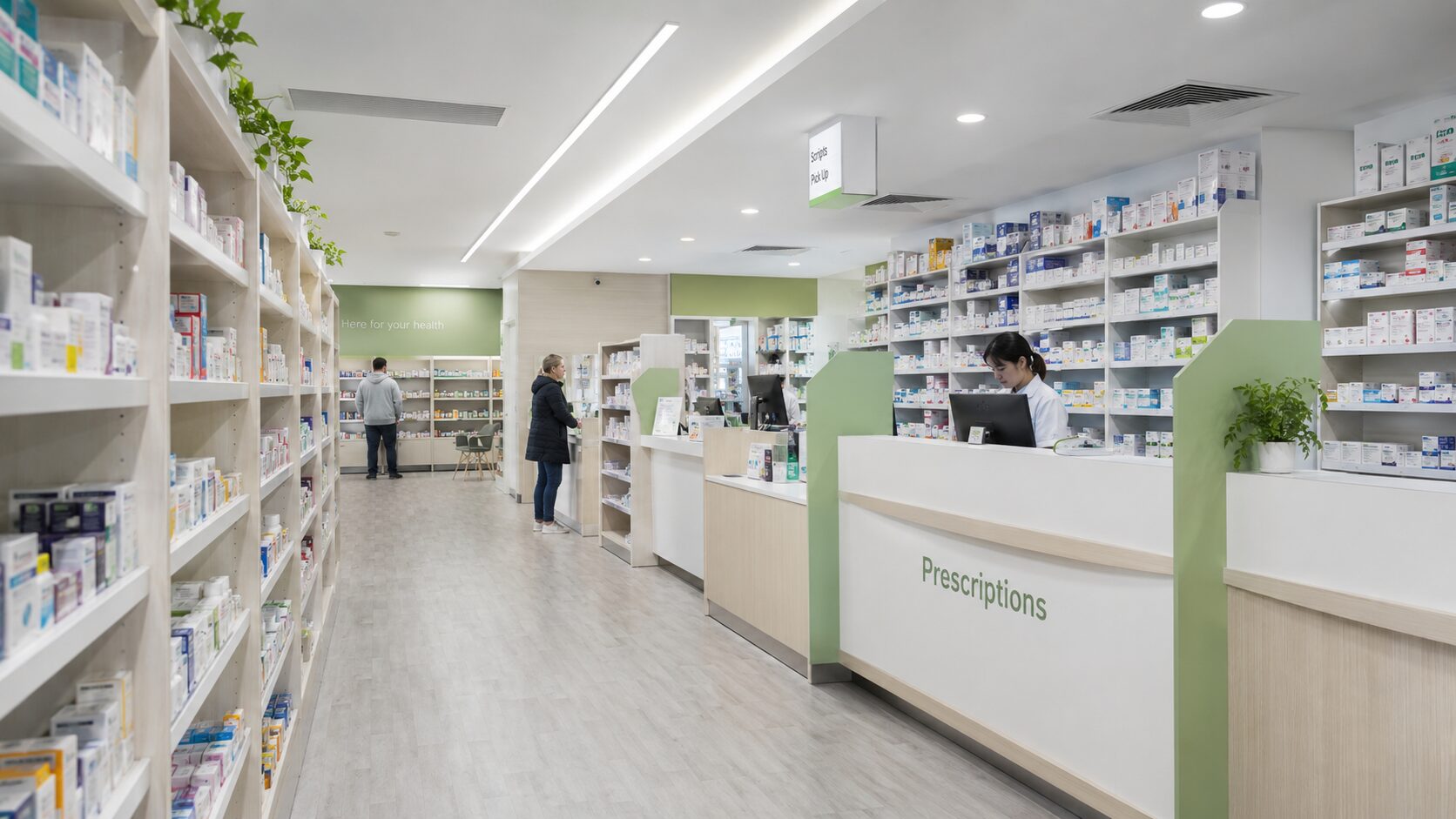 Modern community pharmacy interior with prescriptions counter and well-stocked dispensary