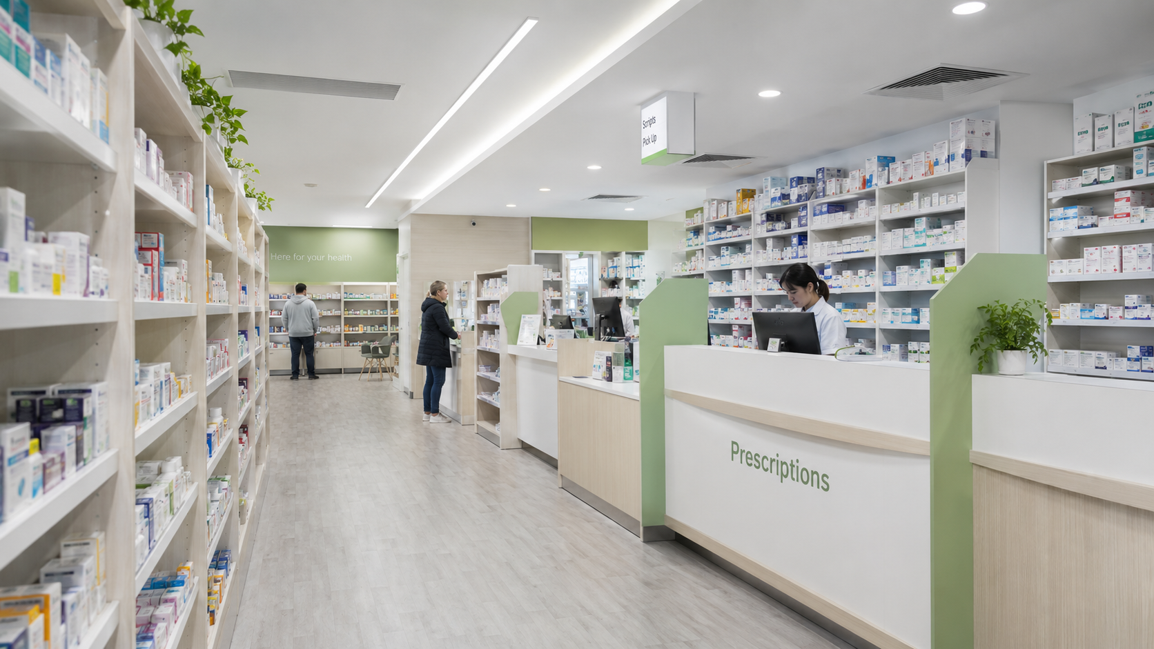 The interior of a modern Australian community pharmacy with a prescriptions desk and green accent decor.