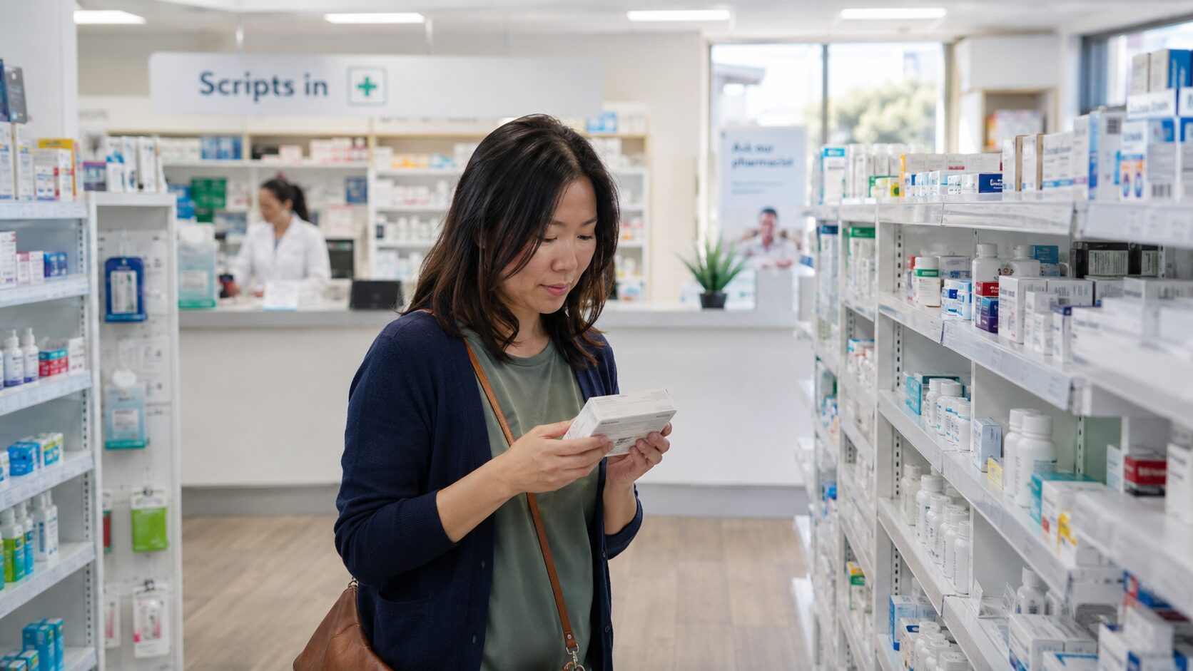 A customer comparing a medicine box while browsing the shelves of an Australian community pharmacy, with the dispensary counter in the background.