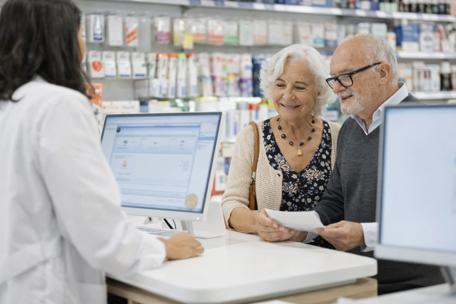 An older couple talking with a pharmacist at the counter of an Australian community pharmacy.