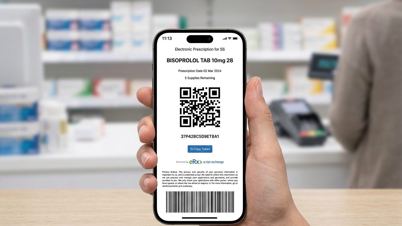 A customer holding a phone that shows an Australian electronic prescription token with the medicine name, QR code and supplies remaining, at a pharmacy counter.