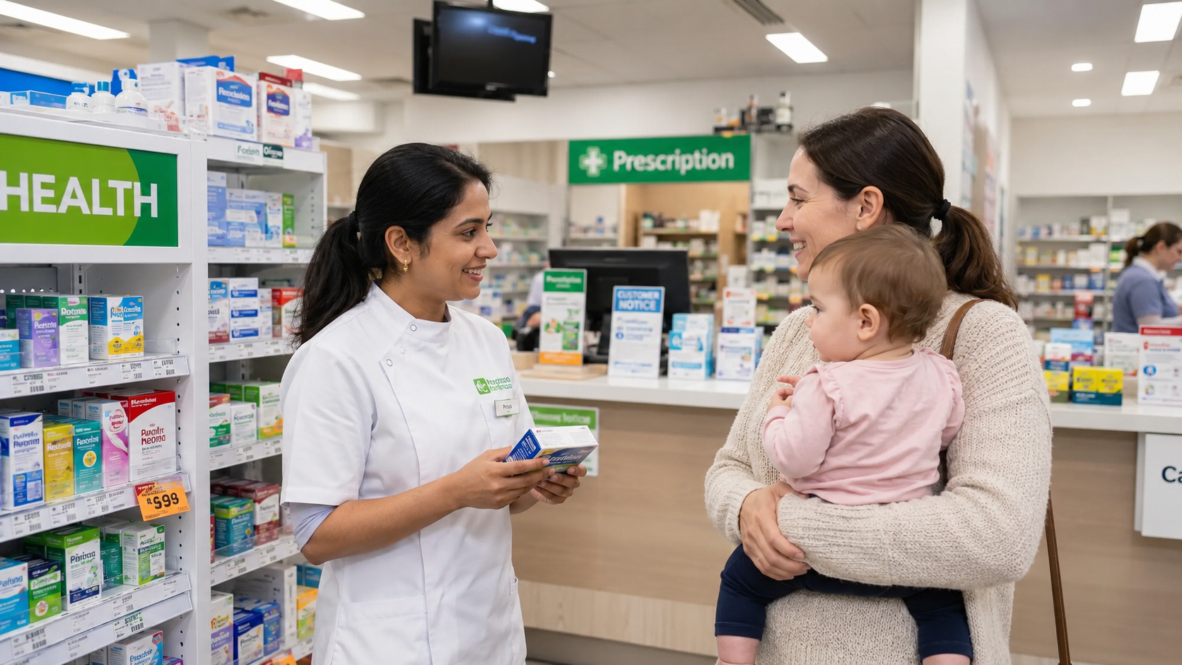 A female pharmacist advising a mother holding a baby about health and prescription services at an Australian pharmacy counter.