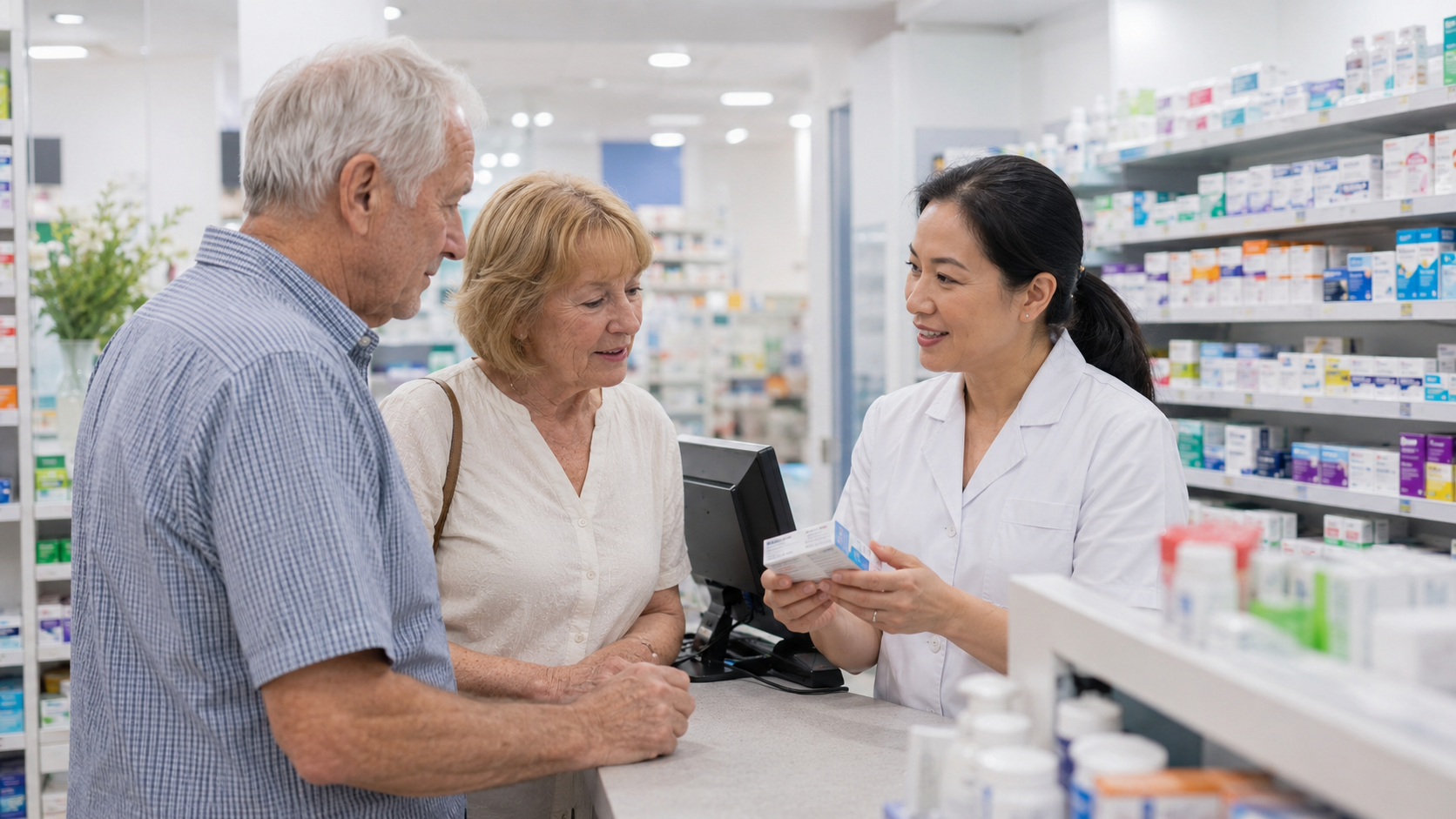 A pharmacist explaining medication to an elderly couple at the counter of an Australian community pharmacy.