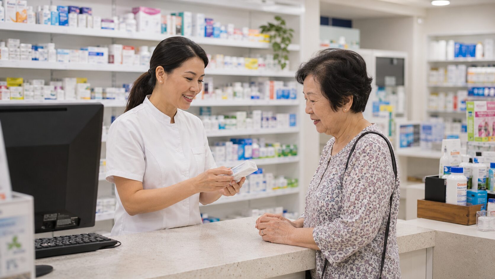 A pharmacist explaining a medicine box to an older woman at the counter of an Australian community pharmacy.
